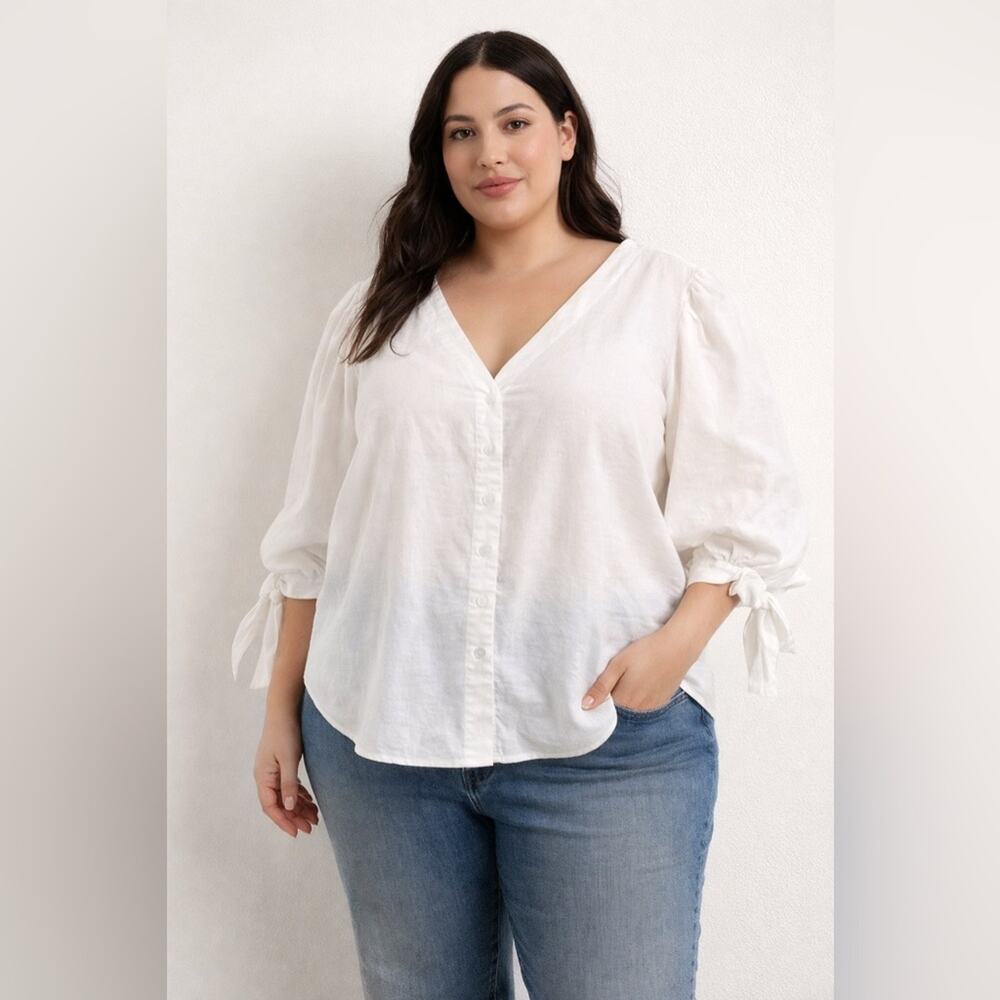 Eloquii White Tie Sleeve Puff Sleeve Blouse Sz 18 Button Down Top Office Casual